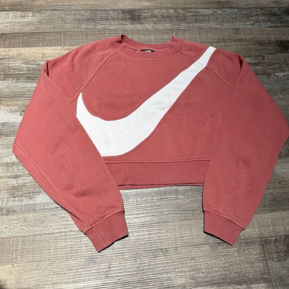 Medium Nike Air Sweatshirt Swoosh Crop Top Fleece In Rose and White Preowned - Picture 1 of 5